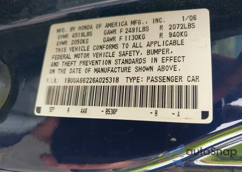 2006 Acura Tl из США, поврежденный, VIN 19UUA66226A025318